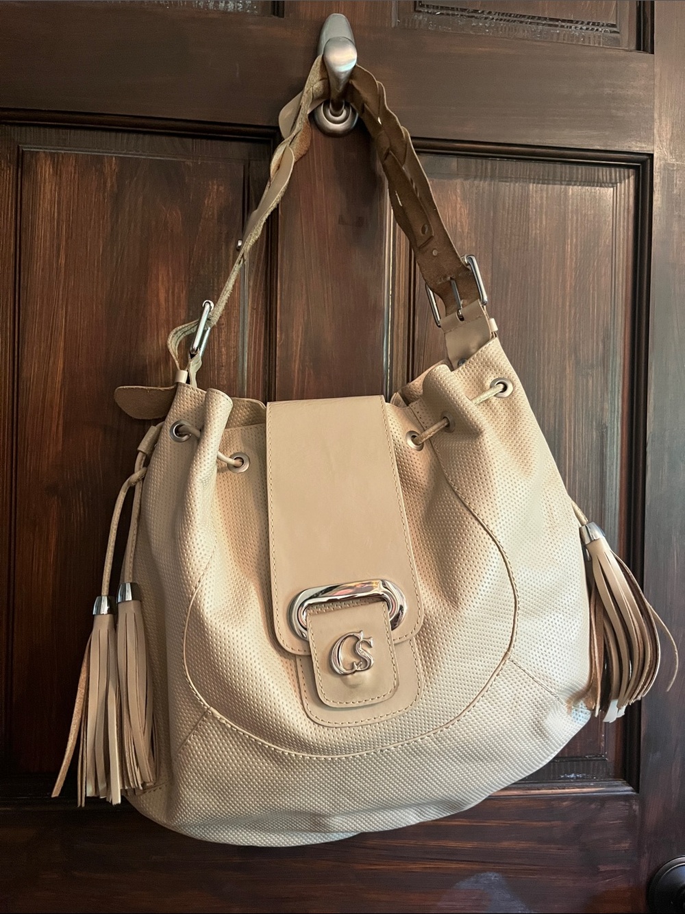 Carmen Steffens Leather Tassel Beige Hobo Purse